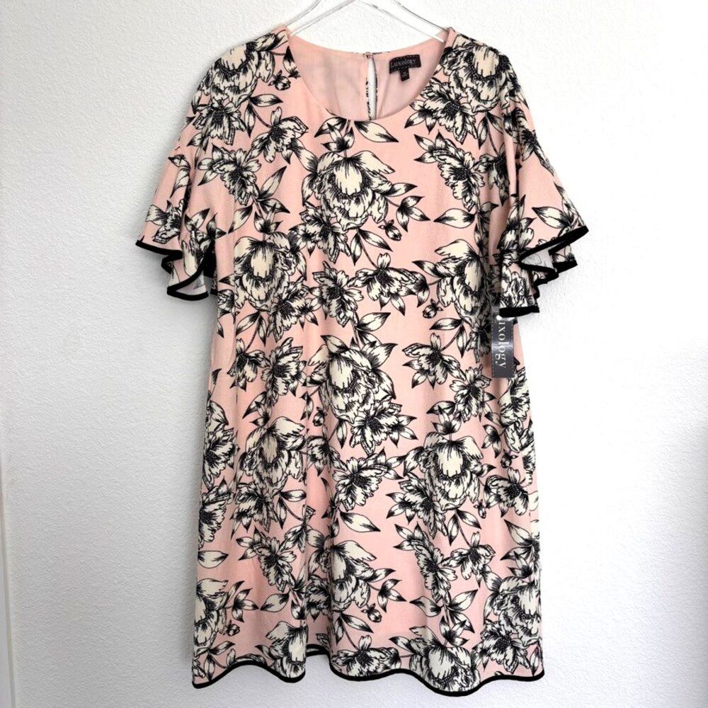 New Luxology Womens Dress 14 Pink Floral Flutter Sleeve Knee Easter Rose Chintz